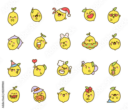 Cute kawaii lemon with a smile. Positive and juicy character. Hand drawn style. Vector drawing. Collection of design elements.