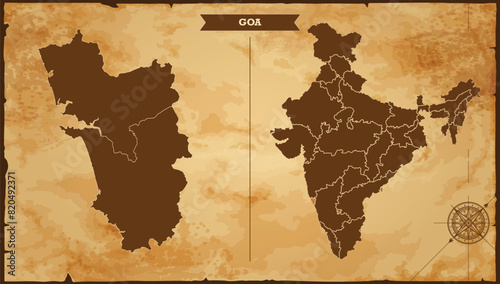 Goa state map, India map with federal states in A vintage map based background, Political India Map