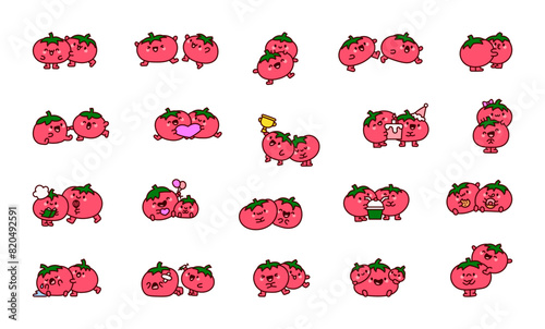 Funny tomato couple. Cute cartoon characters. Hand drawn style. Vector drawing. Collection of design elements.
