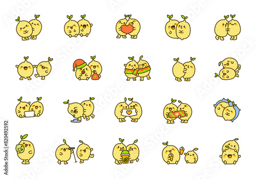 Cheerful lemon couple. Funny cartoon characters. Hand drawn style. Vector drawing. Collection of design elements.