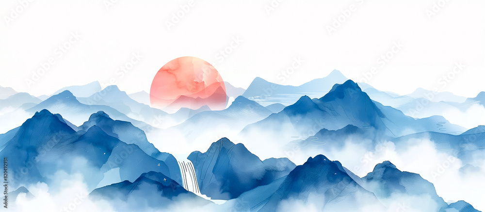 illustration of waterfall mountains and moon oriental classic banner background