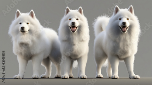 Three white dogs with long hair are sitting in a row.   © Rania