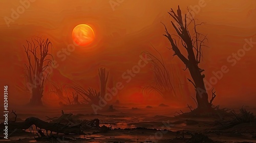 The haunting scene of the forest turns into a wasteland with dead trees and dust storms. There is an orange sunset in the background.