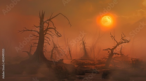 Haunting scene: A barren wasteland with dead trees and dust storms. There is an orange sun setting in the background.