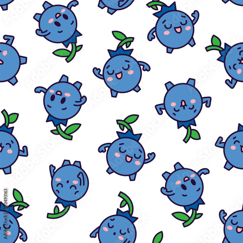 Kawaii blueberry cartoon character. Seamless pattern. Cute fruit in different emotion. Hand drawn style. Vector drawing. Design ornaments.