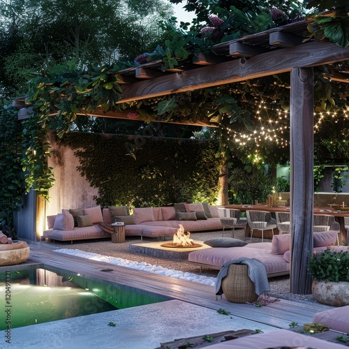 A modern outdoor living area with an unlit pool and purple and yellow couches under the shade of a wooden arbor in front of a dining table surrounded by chairs.