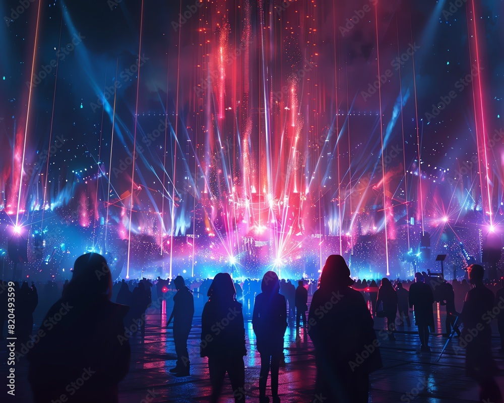 Detailed night scene at music festival, dazzling laser show, energetic crowd, atmospheric lighting, topnotch sound, Midjourney AI art Detailed night scene at music festival, dazzling laser show, energetic crowd, atmospheric lighting, topnotch sound, Midjourney AI art