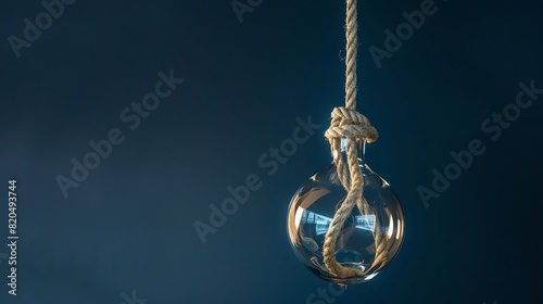 A glass bulb is elegantly suspended by a thick rope against a dark blue background, creating a minimalistic and artistic display.