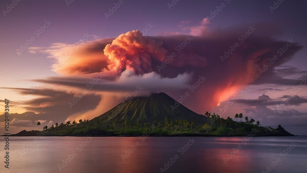 A volcano erupting at night, with a large plume of ash and smoke rising into the sky.