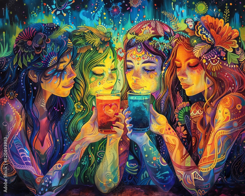 Fototapeta premium Highdetail image of friends sharing drinks at music festival, happy moments, intricate background, lively crowd, Midjourney creation