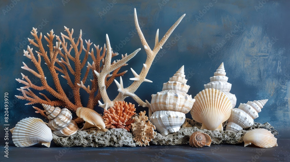 Obraz premium Assorted sea shells and coral against a dark blue background, showcasing marine life beauty and natural textures in an artistic arrangement.