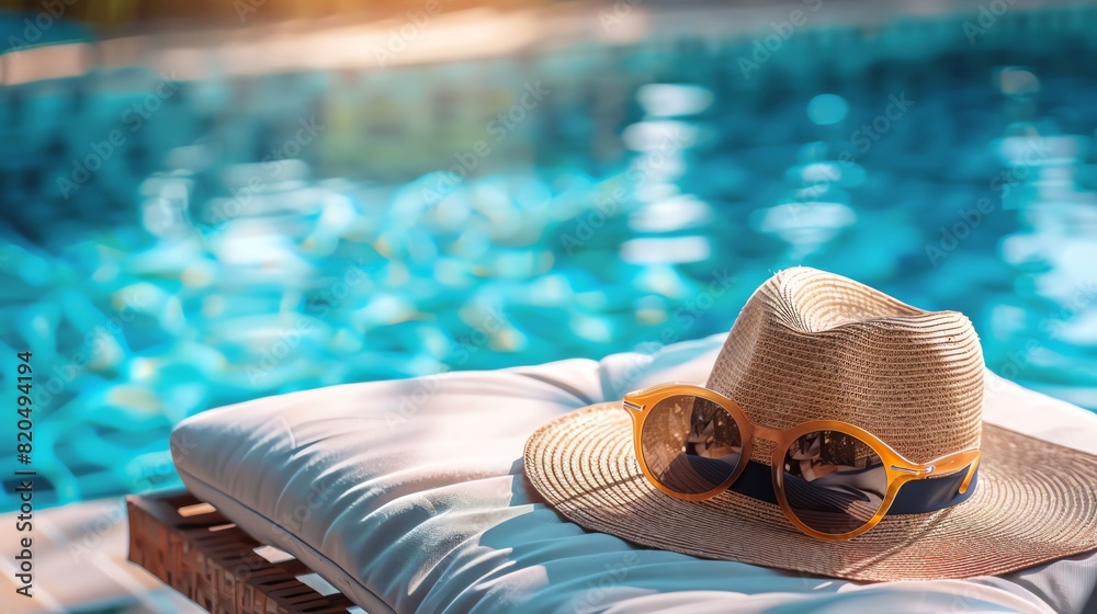 A stylish straw hat and sunglasses on a poolside lounge chair, capturing a perfect summer day by the water with reflections of blue pool water.