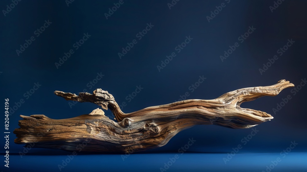 Fototapeta premium Artistic driftwood against a blue background. The natural texture and form of the wood create an organic and captivating art piece.