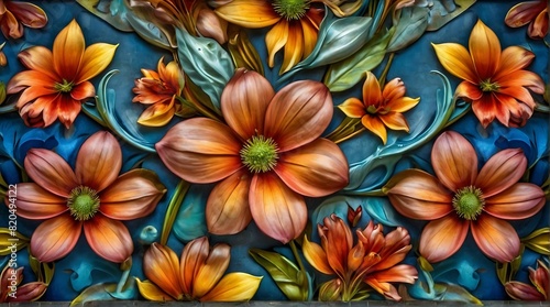 Pattern of colorful flowers and leaves on a dark background.