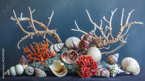 A stunning arrangement of various seashells and coral, beautifully displayed against a dark background. photo