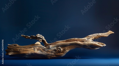 Artistic driftwood against a blue background. The natural texture and form of the wood create an organic and captivating art piece.