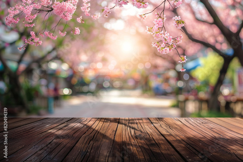 A wooden desk top with blurred background of skura tree with cherry blossom. Good for background