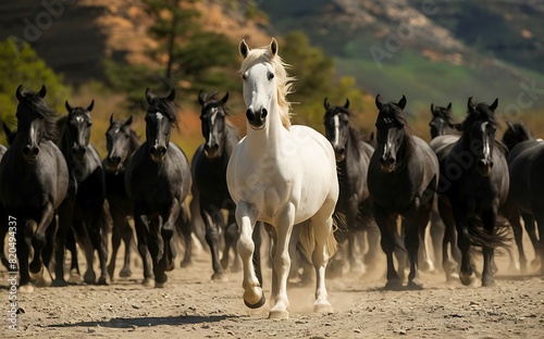 A white horse leads a herd of black horses © ASGraphicsB24
