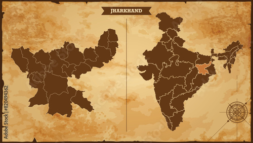 Jharkhand state map, India map with federal states in A vintage map based background, Political India Map