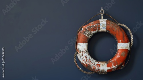 Weathered orange lifebuoy on a dark blue wall, symbolizing safety and rescue, ideal for marine and nautical-themed designs.