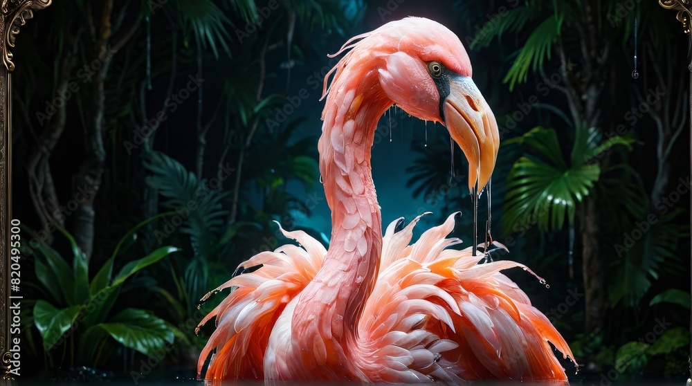 Fototapeta premium Anime Flamingo: A Sleek, Creepy Monster in Clean, Colorful Ice Cube Jelly