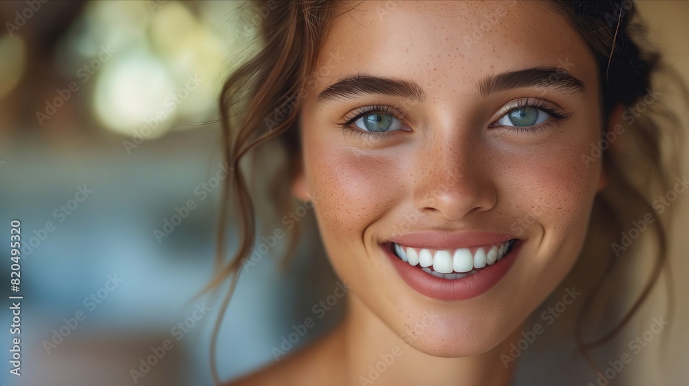 A woman with blue eyes smiling.