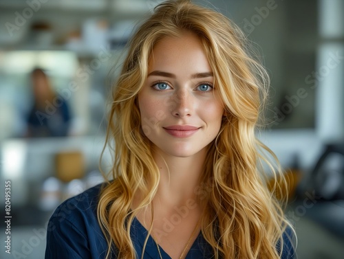 A beautiful blonde woman with blue eyes.