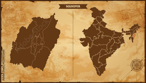 Manipur state map, India map with federal states in A vintage map based background, Political India Map