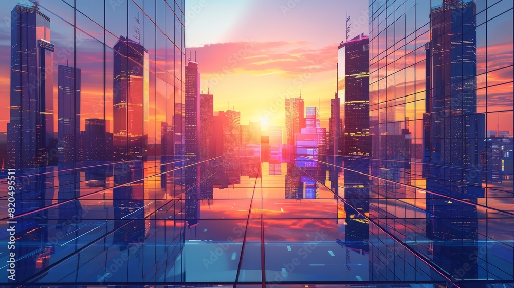 Sunset skyline of a smart city with futuristic skyscrapers, graphic perspective, glass reflections, architectural blue background, business brochure template, copy space,