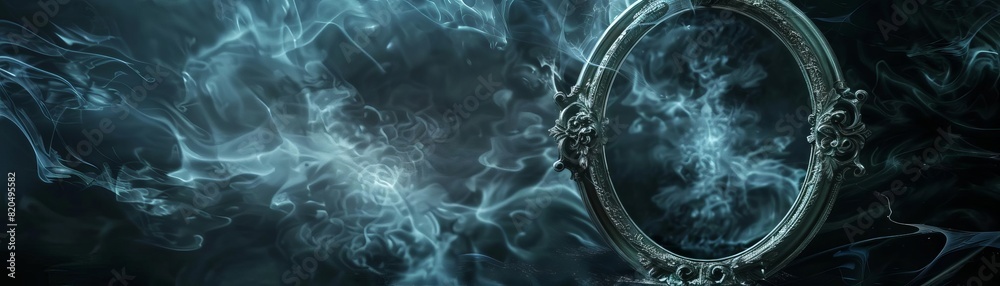 A haunted mirror reflecting not the present but a ghostly figure surrounded by dark energy from the past A haunted mirror reflecting not the present but a ghostly figure surrounded by dark energy from the past