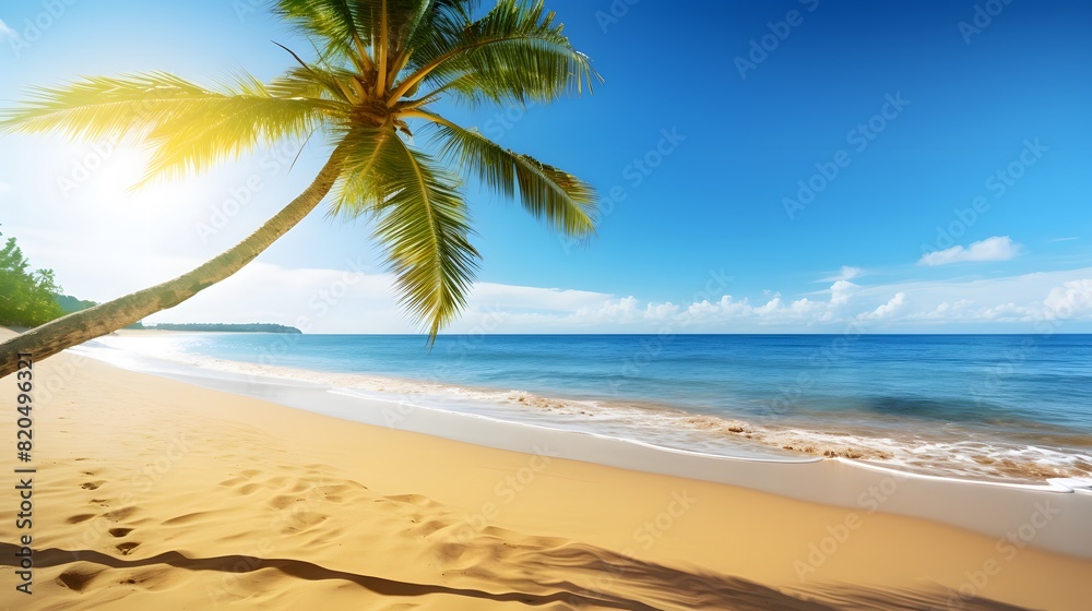 Tranquil Tropical Beach with Leaning Palm Tree Tranquil Tropical Beach with Leaning Palm Tree