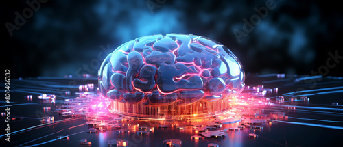 Robotic brain with cyber interface and neon light trails,