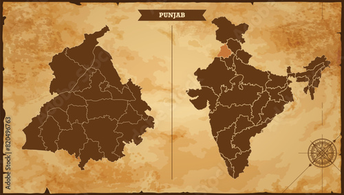 Punjab state map, India map with federal states in A vintage map based background, Political India Map