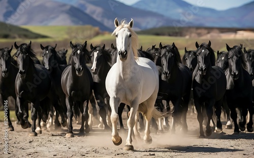 A white horse leads a herd of black horses