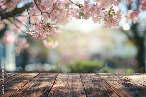 A wooden desk top with blurred background of skura tree with cherry blossom. Good for background