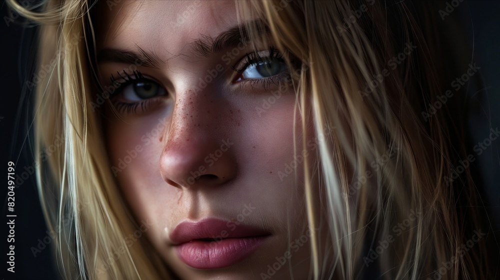 A close up of a young woman with freckles. A close up of a young woman with freckles.