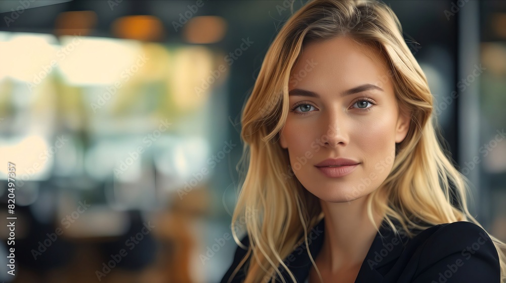 A beautiful blonde woman in a black suit.