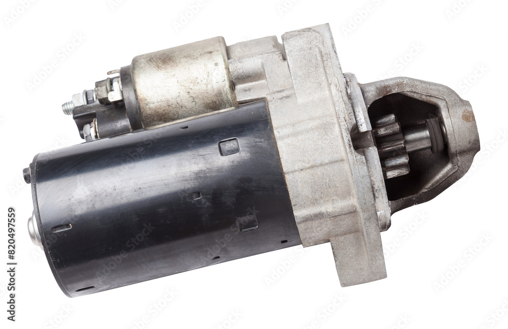 Starter of an internal combustion engine New Spare part for car on a white background. Spare parts catalog. Starter of an internal combustion engine New Spare part for car on a white background. Spare parts catalog.