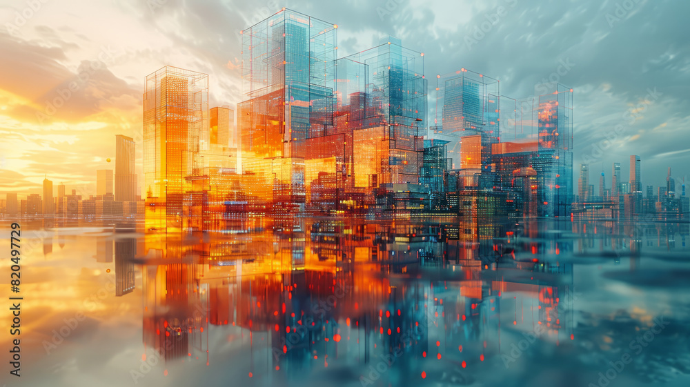 Double exposure graphic design transforms the construction scene,generative ai