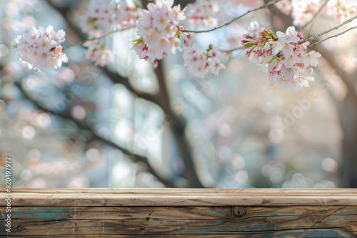 A wooden desk top with blurred background of skura tree with cherry blossom. Good for background © grey