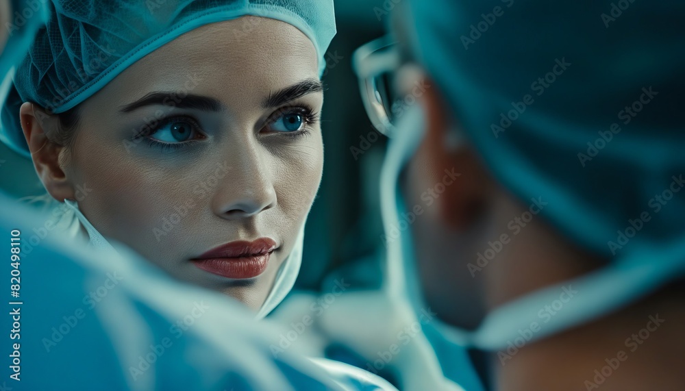 A woman in surgical gear looking at another person. A woman in surgical gear looking at another person.