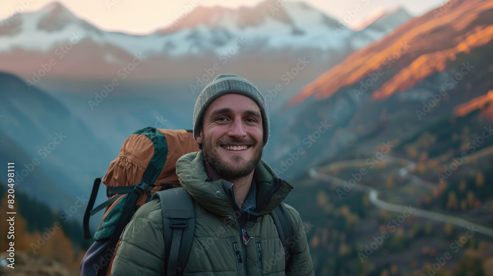 Cheerful man with a backpack standing against beautiful mountain landscape at sunrise Cheerful man with a backpack standing against beautiful mountain landscape at sunrise