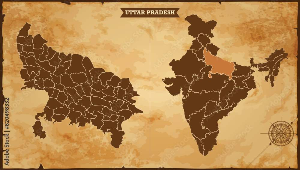 Uttar Pradesh state map, India map with federal states in A vintage map based background, Political India Map