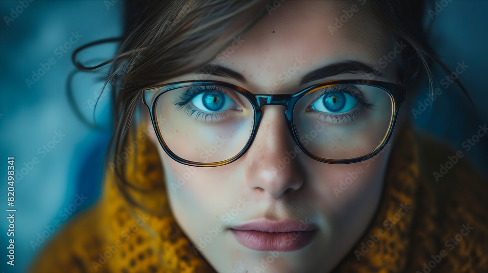 A woman with blue eyes and glasses. A woman with blue eyes and glasses.