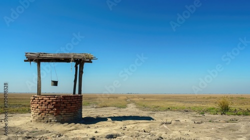 The simplicity of a brick water well with a wooden canopy, a bucket suspended on a fraying rope, set against the stark beauty of the empty landscape under the vast, clear blue sky. © Naveed