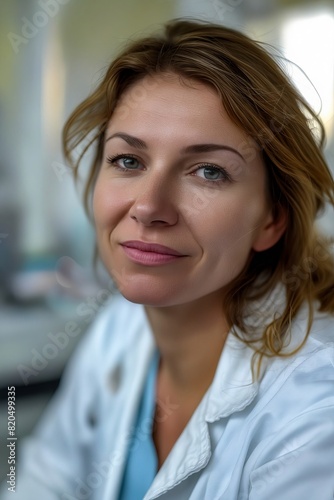 A woman in a lab coat looking at the camera. © VISUAL BACKGROUND