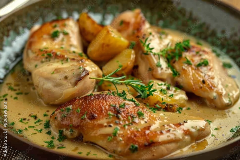 Succulent roasted chicken with a crispy skin, served with golden potatoes and a herb-infused sauce Succulent roasted chicken with a crispy skin, served with golden potatoes and a herb-infused sauce