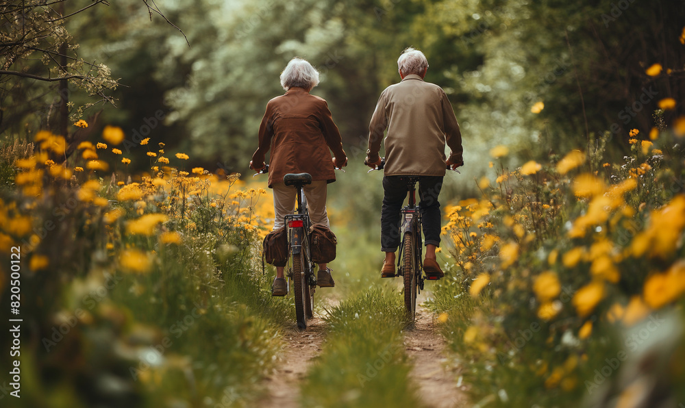 Fototapeta premium Senior couple riding bicycles through a picturesque forest path surrounded by blooming wildflowers, enjoying a peaceful outdoor adventure.
