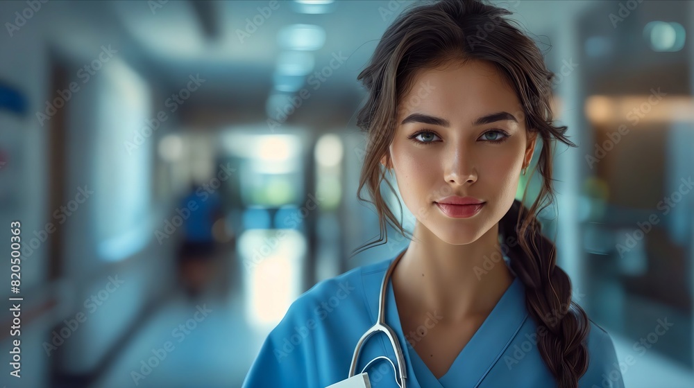 A woman in scrubs standing in a hallway. A woman in scrubs standing in a hallway.