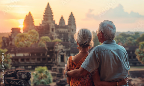 Elderly couple admiring Angkor Wat at sunset, symbolizing love, travel, and cultural heritage in an ancient Cambodian temple setting.